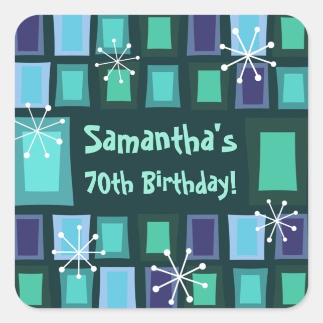 Pegatina Cuadrada Verde azulado de cumpleaños 70 moderno de mediados (Anverso)