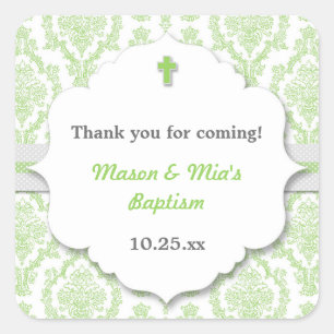 Pegatina Cuadrada Verde Damasco neutro gen Christening Baptism favor