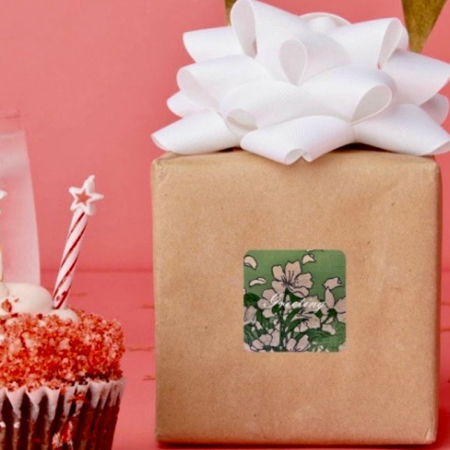 Pegatina Cuadrada Verde de flores rosadas (Subido por el creador)