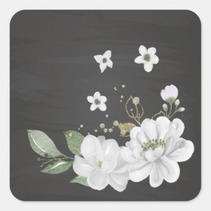 Pegatina Cuadrada verde flor blanco hojas negro