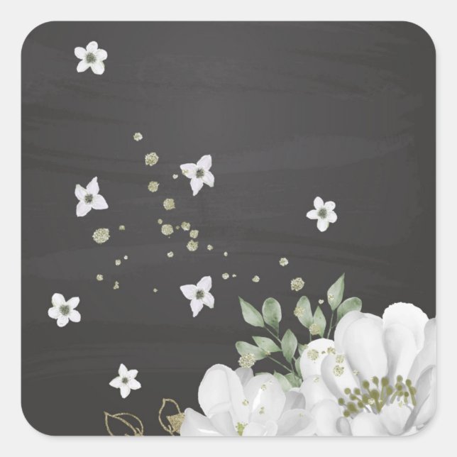 Pegatina Cuadrada verde flor blanco hojas negro (Anverso)