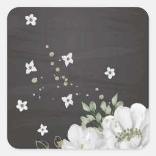 Pegatina Cuadrada verde flor blanco hojas negro