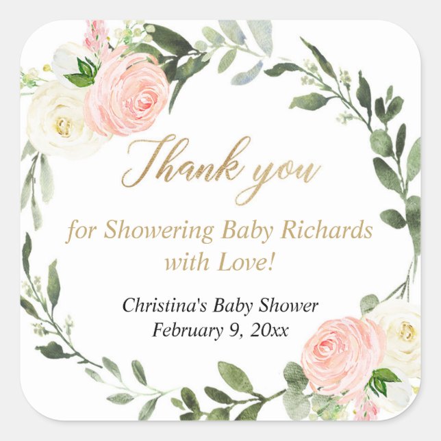 Pegatina Cuadrada Verde menta rosa blanco floral acuarela elegante (Anverso)