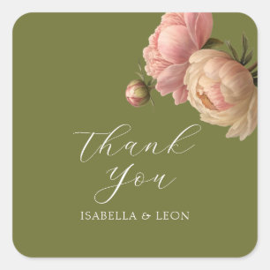 Pegatina Cuadrada Verde oliva   Boda de Rosa de script de Rubor de m