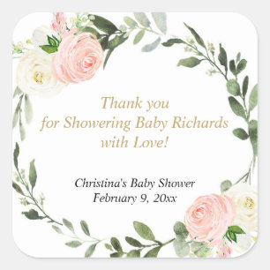 Pegatina Cuadrada Verde rosa flores blancas acuarela elegante