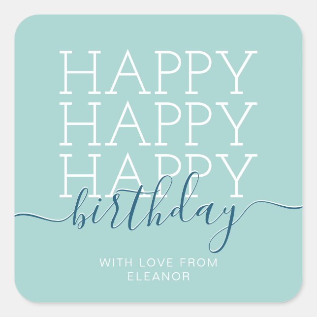 Pegatina Cuadrada Verde verde azulado moderno Feliz cumpleaños (Anverso)