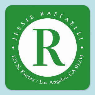 Pegatina Cuadrada Verde y blanco   Dirección de devolución de monogr