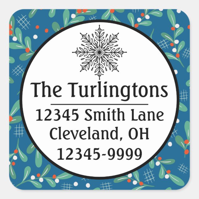 Pegatina Cuadrada Verdes navidades con Holly Berries Blue Red White (Anverso)
