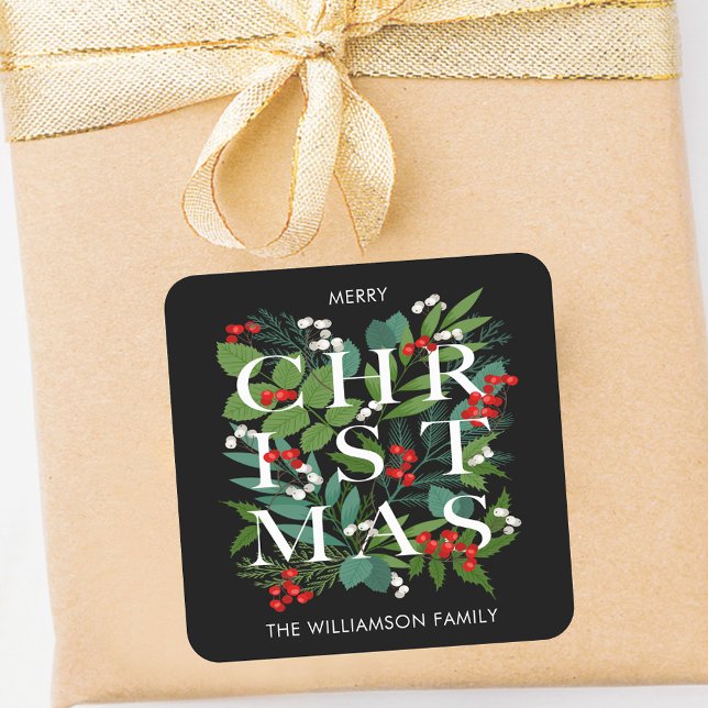 Pegatina Cuadrada Verdes y Bayas de Navidad (CHRISTMAS greenery and berries black holiday personalized square stickers)