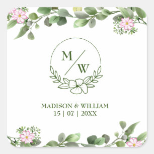 Pegatina Cuadrada Verdor Elegante y Hermoso Boda Floral