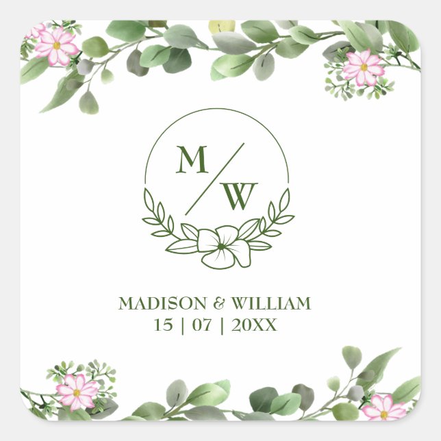 Pegatina Cuadrada Verdor Elegante y Hermoso Boda Floral (Anverso)