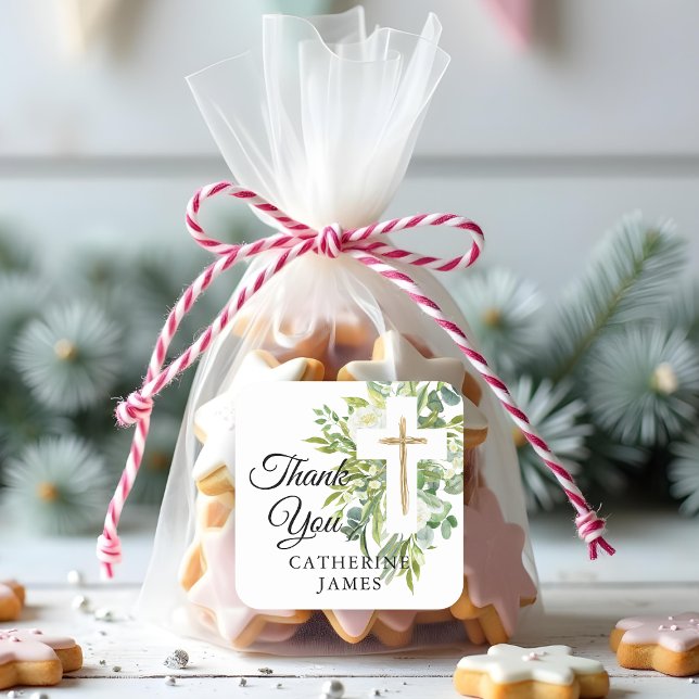 Pegatina Cuadrada Verdor Floral Cruz Botánica Elegante Bautismo (Subido por el creador)