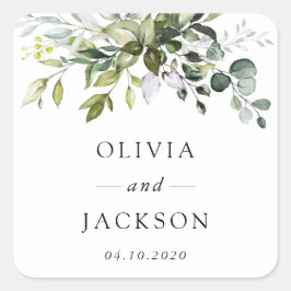 Pegatina Cuadrada Verdor, hojas de eucalipto, Boda botánico