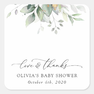 Pegatina Cuadrada Verdor, hojas de eucalipto, Boho, Baby Shower