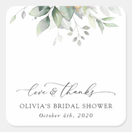 Pegatina Cuadrada Verdor, hojas de eucalipto, boho, ducha de novia