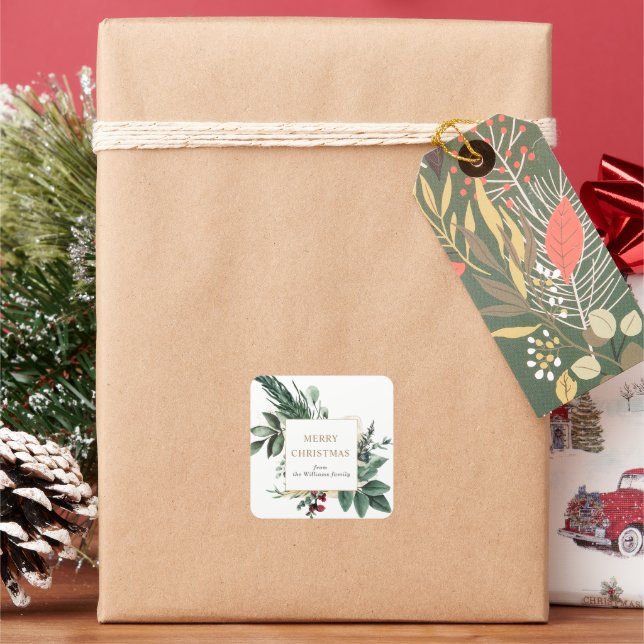 Pegatina Cuadrada verdor navideño de invierno alegre navidad (Vacaciones)