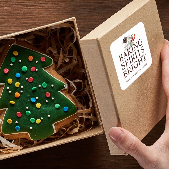 Pegatina Cuadrada Verduras Navideñas Horneando Espíritus Brillantes (Holiday Greenery Baking Spirits Bright Square Sticker)