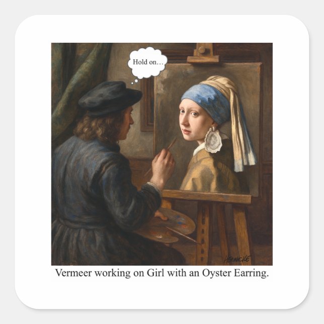 Pegatina Cuadrada Vermeer working on Girl with Oyster Earring. (Anverso)