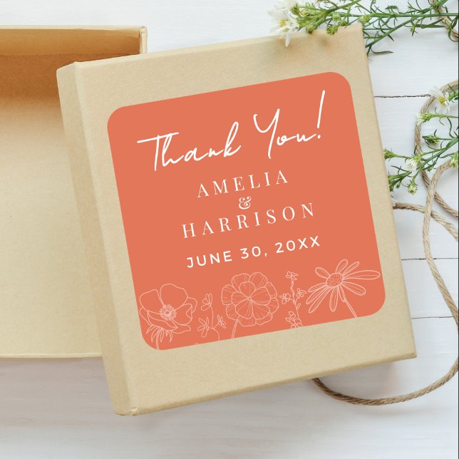 Pegatina Cuadrada Verona Sunset Elegant Boda Floral Gracias (Verona Sunset Elegant Floral Wedding Thank You Favors Sticker with Couple Names, Wedding Date.)