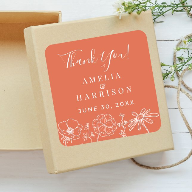 Pegatina Cuadrada Verona Sunset Elegant Boda Floral Gracias (Verona Sunset Orange Floral Wedding Thank You Sticker with Line Art, Couple Names, Wedding Date.)