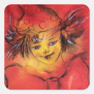 PEGATINA CUADRADA VESTIDO CON RIBÓN ROJO