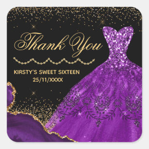 Pegatina Cuadrada Vestido de acuarela morado Cumpleaños Sweet 16