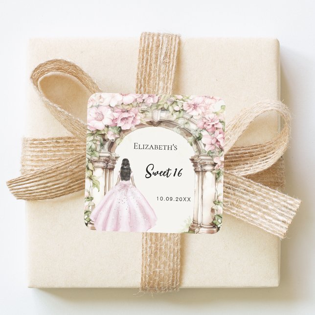 Pegatina Cuadrada Vestido de arco de mármol con flores rosadas Sweet (Subido por el creador)