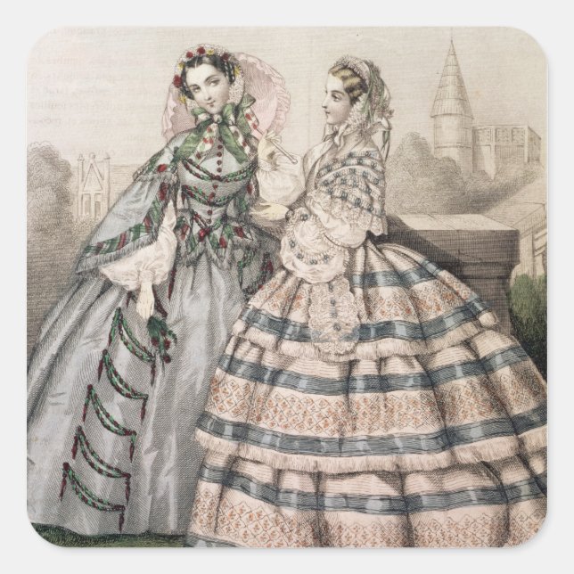 Pegatina Cuadrada Vestido de día para 1858, grabado por Barreau (Anverso)