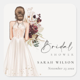 Pegatina Cuadrada Vestido de novia blanco boho elegante para fiesta