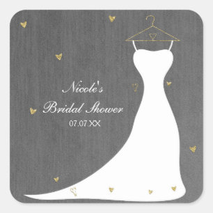 Pegatina Cuadrada Vestido de Novia Moderno y Corazones Dorados Despe
