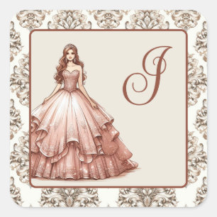 Pegatina Cuadrada Vestido de Quinceañera de Rosa Dorado