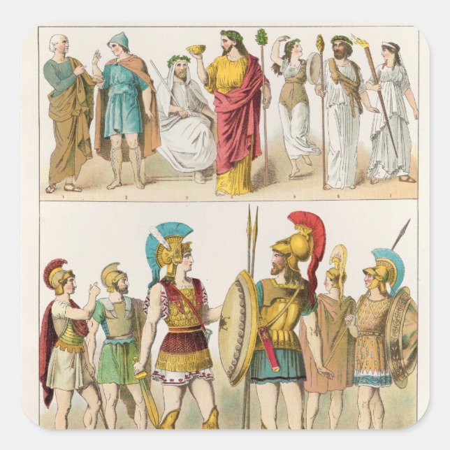 Pegatina Cuadrada Vestidos religiosos y militares griegos (Anverso)