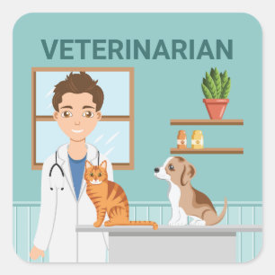 Pegatina Cuadrada Veterinario Hombre Clínica Veterinaria Hospital An