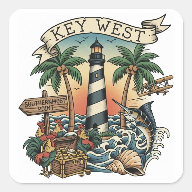 Pegatina Cuadrada Viaje a Key West Florida (Anverso)