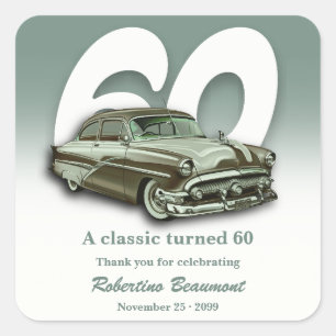 Pegatina Cuadrada Viaje Clásico Auto Verde Cumple 60 Años