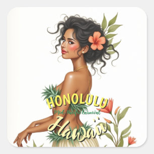 Pegatina Cuadrada Viaje de estilo vintage en Hawái Honolulu Hula Chi