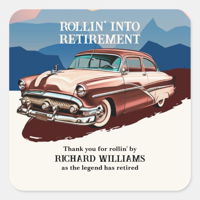 Pegatina Cuadrada Viaje de Jubilación Tema del coche clásico retro (Anverso)