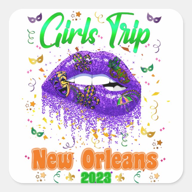 Pegatina Cuadrada Viaje de los Chicas de Mardi Gras en Nueva Orleans (Anverso)