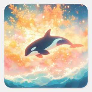 Pegatina Cuadrada Viaje de Orca a través de un mar mágico