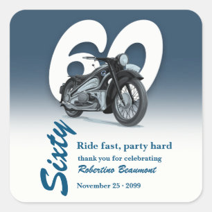 Pegatina Cuadrada Viaje en moto clásica rápida cumpleaños 60