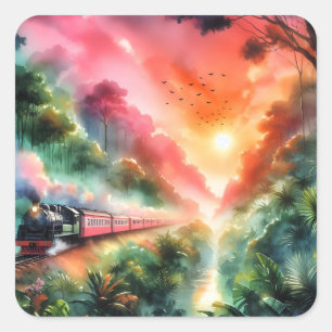 Pegatina Cuadrada Viaje en tren al atardecer tropical acuarela