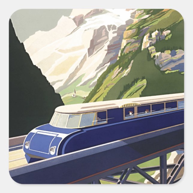Pegatina Cuadrada Viaje en tren de la Vieja Europa (Anverso)