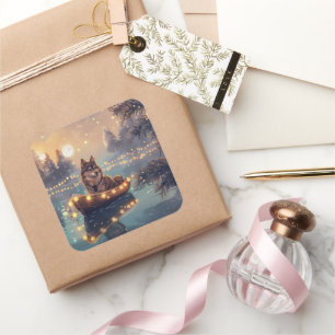 Pegatina Cuadrada Viaje festivo de Navidades de Lapphund finlandeses