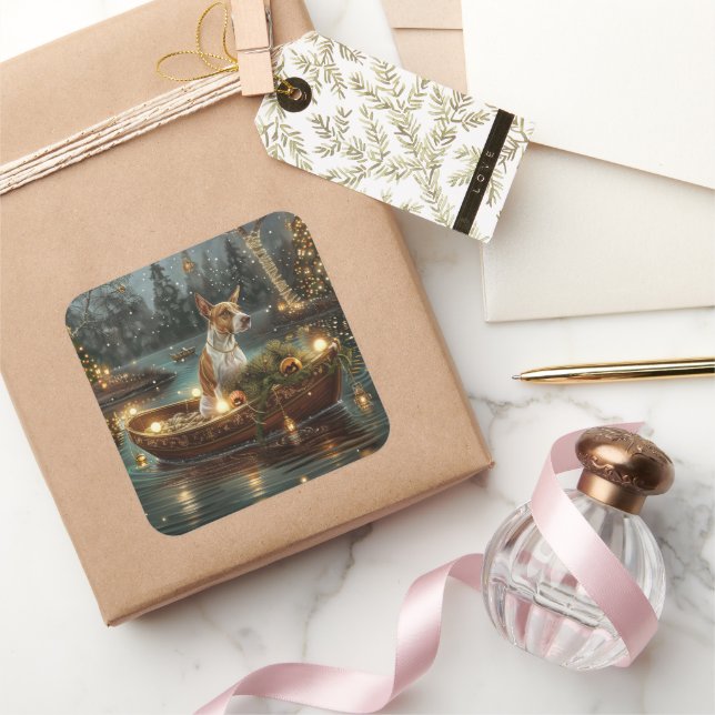 Pegatina Cuadrada Viaje festivo para Navidades de Bull Terrier (Regalar)