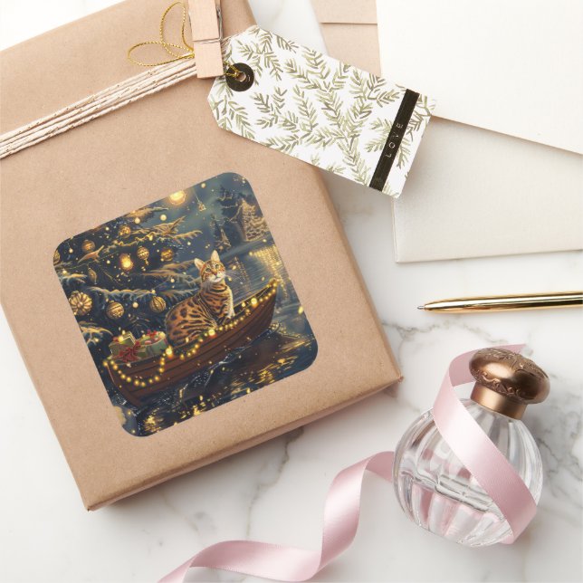 Pegatina Cuadrada Viaje festivo para Navidades de gatos de Bengala (Regalar)