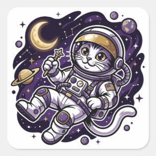 Pegatina Cuadrada Viajero Celestial: Mascota Espacial Gato Astronaut