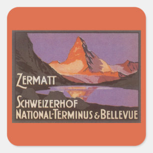 Pegatina Cuadrada Viajes antiguos, montaña Matterhorn en Suiza