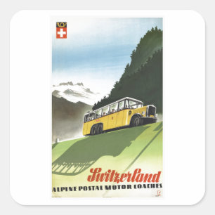 Pegatina Cuadrada Viajes de vintage en autobús alpino de Suiza