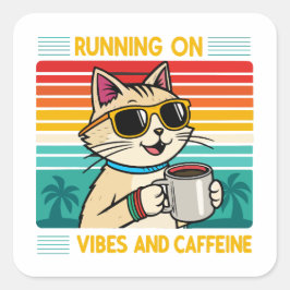 Pegatina Cuadrada Vibes de gato para café retro - Funny Caffeine Lov