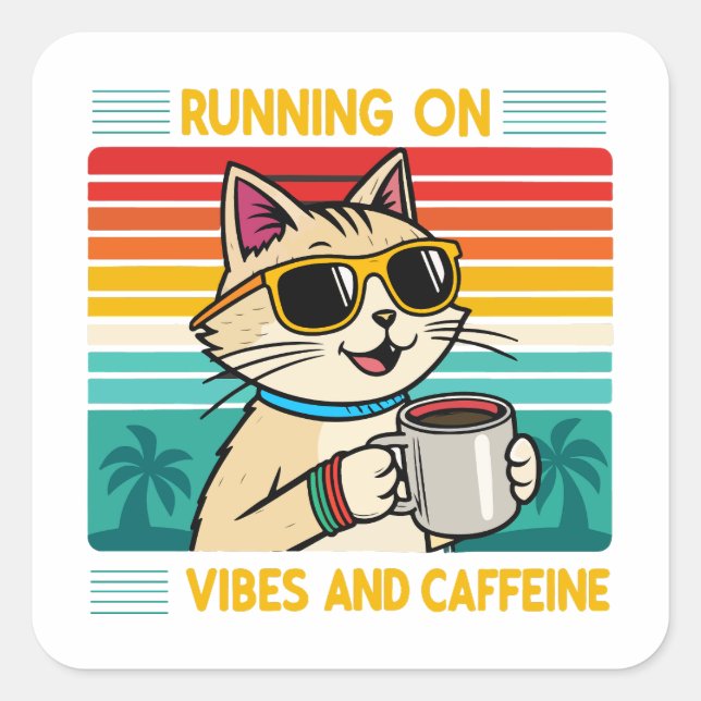 Pegatina Cuadrada Vibes de gato para café retro - Funny Caffeine Lov (Anverso)